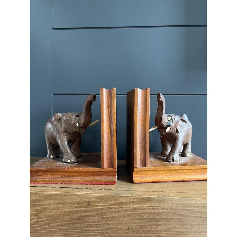 Hand Carved Wood Elephant Bookends Mid Century Safari Decor VTG READ